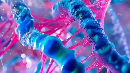 Poster - Intricate molecular strands intertwine, showcasing vibrant blue and pink colors against a dreamy background filled with tiny, glimmering particles, evoking a sense of wonder.