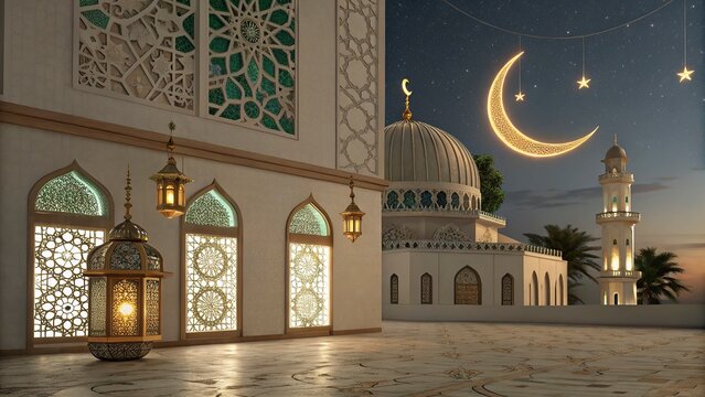 Photo Ramadan Glow Mosque Moon and Bokeh islamic ramadan eid mubarak kareem mosque background
