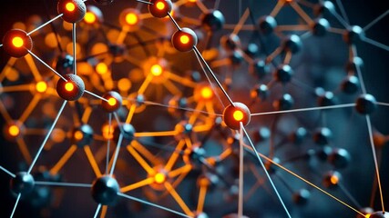 Poster - This visual displays a close-up view of interconnected atoms and molecular structures, highlighted in vibrant orange against a contrasting dark backdrop, creating a dynamic effect.