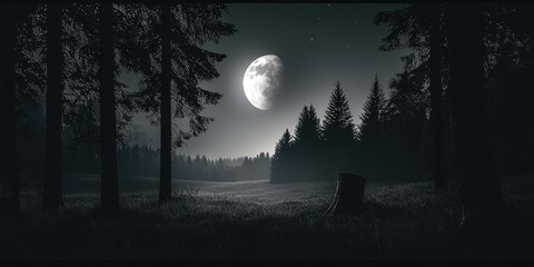 Poster - Large moon is in the sky above a forest