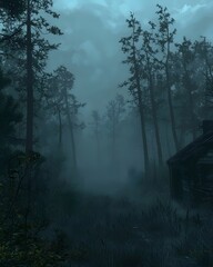  A mysterious, fog-covered forest scene featuring tall, dark trees and an abandoned cabin, evoking a sense of intrigue and eerie ambiance in the twilight hours.