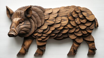 Wall Mural - Intricate wooden boar sculpture, detailed carving, layered design, dark brown wood.