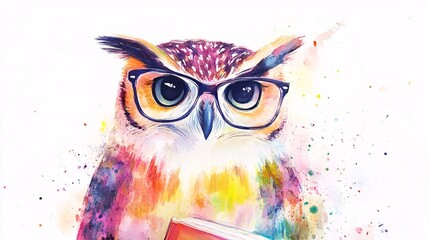  A vibrant, colorful owl wearing glasses, holding a book, embodying wisdom and creativity.