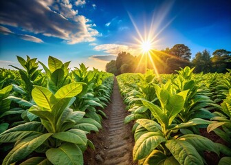 Wall Mural - Tobacco Farm, Sunny Day, Blue Sky, Agricultural Field, Tobacco Leaves, Plantation, Farming, Agriculture, Rural Scene, Bright Sunlight, Crop Cultivation