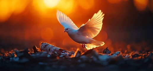 Wall Mural - White dove in flight at sunset, landing on ground.