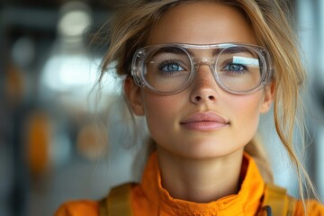 Poster - Female engineer in PPE, looking upward in a reflective pose, tailored for campaigns focusing on innovation and ambition.