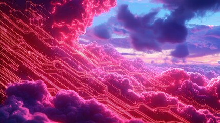 Poster - Futuristic pattern of glowing cloud nodes, interconnected AI circuits, and holographic digital grids
