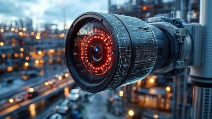 Poster - Dusk view of a high-tech surveillance camera on a building, glowing lights behind it