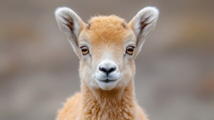 Close-up portrait of a young, adorable markhor lamb, looking directly at the camera.