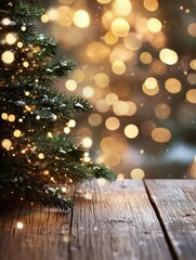 Wall Mural - christmas background with xmas tree and sparkle bokeh lights on wooden canvas background. merry chri