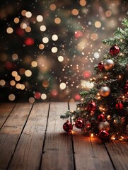 Wall Mural - christmas background with xmas tree and sparkle bokeh lights on wooden canvas background. merry chri