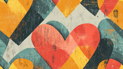 Poster - Colorful abstract hearts create a striking geometric pattern with vibrant hues and a textured finish, suitable for contemporary design projects and graphic use