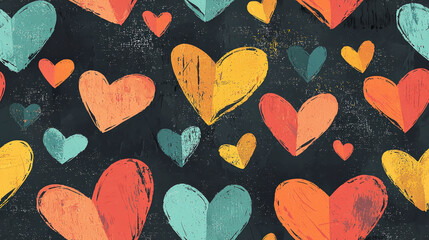 Poster - This abstract pattern showcases a variety of hearts in vibrant colors against a dark backdrop, perfect for use in creative design and textile applications