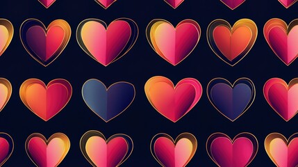 Poster - Colorful hearts in various shades are arranged in a repeating vector pattern on a dark background, creating a lively and cheerful visual effect
