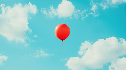 Wall Mural - Bright Red Balloon Floating Against Clear Blue Sky with Fluffy White Clouds in a Stunning Daylight Scene Capturing Freedom and Joy