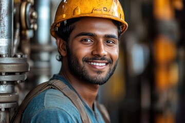 Poster - photo of a young Indian engineer smiling, perfect for advertising or promotional campaigns.