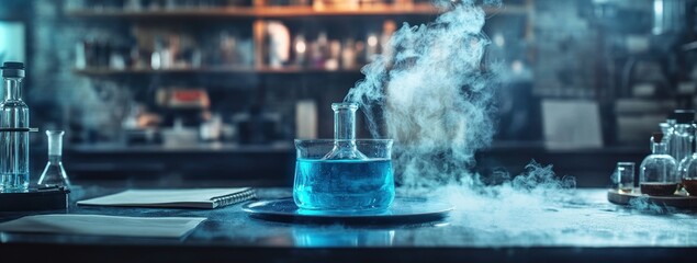 Aufkleber - A laboratory scene featuring a blue liquid in a flask with steam, illustrating scientific experimentation.