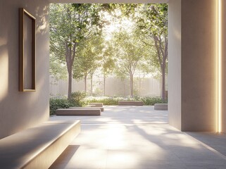 Poster - A serene outdoor space with trees, benches, and soft sunlight creating a peaceful atmosphere.