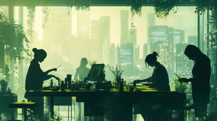Poster - A serene workspace with silhouettes of people engaged in creative activities amidst greenery.