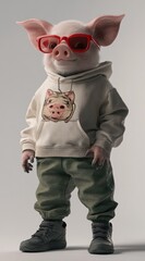 Poster - A stylish cartoon pig wearing glasses and a hoodie stands confidently.