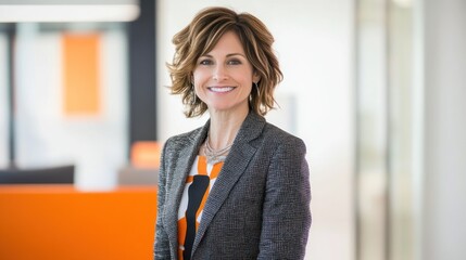 Fototapete - A professional woman smiling in a modern office setting.