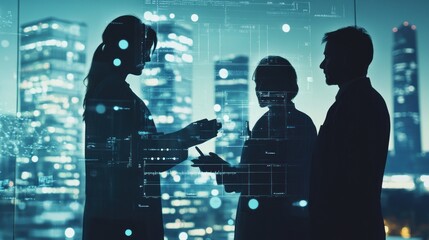 Fototapete - Silhouettes of professionals discussing data against a city skyline backdrop.