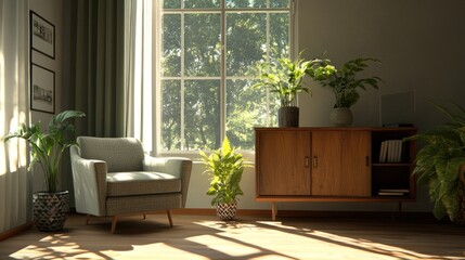 Aufkleber - Cozy living space with plants and natural light.