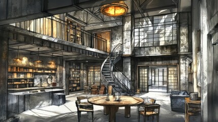 Poster - A spacious, modern interior featuring a spiral staircase, bookshelves, and a dining area.