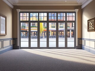 Aufkleber - A spacious interior with large windows showcasing an outdoor plaza and vibrant buildings.