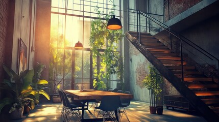 Aufkleber - A modern interior space with natural light, plants, and a wooden dining table.