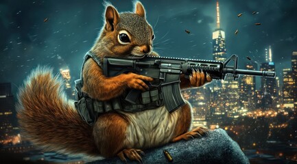 Poster - A cartoon squirrel wielding a rifle against a city skyline backdrop.