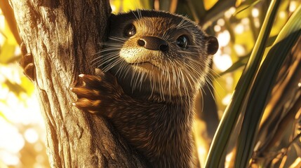 Poster - A close-up of an otter climbing a tree, surrounded by a warm, natural setting.