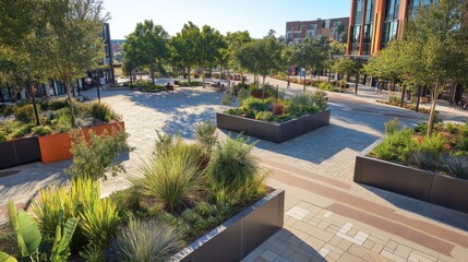 Poster - A vibrant urban plaza featuring landscaped greenery and seating areas for community gathering.