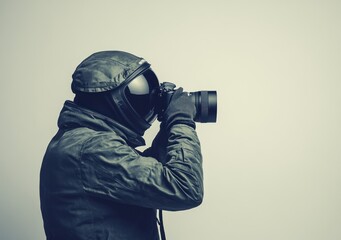 Fototapete - A person in a space suit photographing against a plain background.