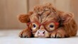 © Natalia S. - A fluffy baby calf lying down on a cozy surface, wearing oversized red glasses. Vision problems, astigmatism in children and myopia, ophthalmologist consultation and glasses for vision correction