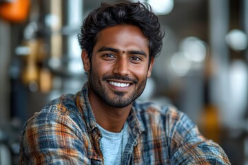Poster - Portrait of a young Indian engineer smiling confidently, for professional branding.