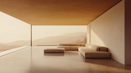 Poster - A minimalist living space with expansive views of nature and soft, neutral furnishings.