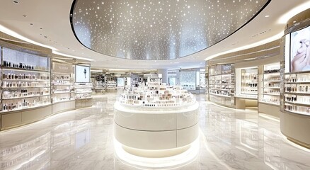 Poster - A modern beauty store interior showcasing various cosmetic products in an elegant setting.