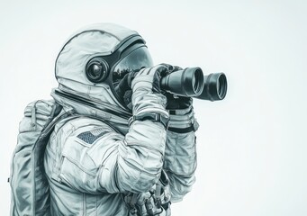 Poster - An astronaut using binoculars to observe the surroundings in a desolate environment.
