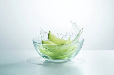 Poster - Slices of green fruit splashing in a glass bowl, emphasizing freshness and vitality.