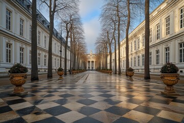 Poster - A serene courtyard lined with trees and elegant architecture, reflecting tranquility.