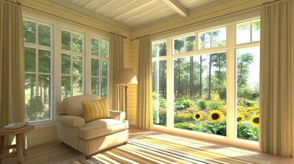 Poster - A cozy room with a view of a sunflower garden through large windows.