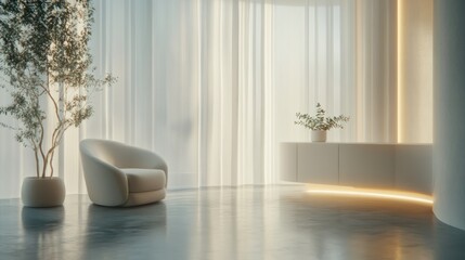Poster - A serene modern interior with a cozy chair, soft lighting, and a plant accent.