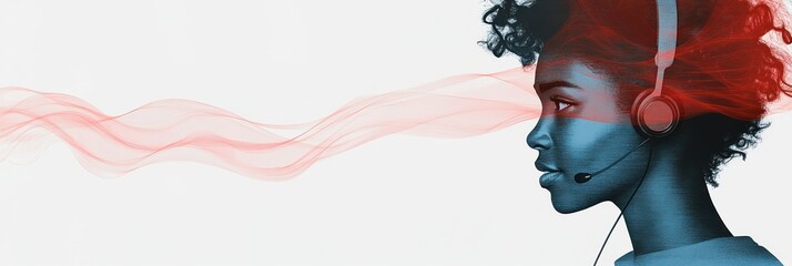 Aufkleber - A profile of a person wearing a headset, with dynamic wave patterns in the background.