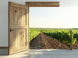 Poster - A rustic wooden door opens to a serene vineyard landscape under a clear sky.