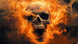 © Thiago - A detailed skull with a gaping mouth, surrounded by swirling orange smoke, creating an intense and surreal effect, resembling an explosion or a fiery aura. Chasm. Illustration