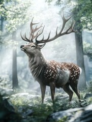 Aufkleber - A majestic deer with antlers stands in a misty forest, embodying tranquility and nature's beauty.