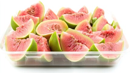 Poster - A tray of sliced watermelon, showcasing vibrant pink flesh and green rind.