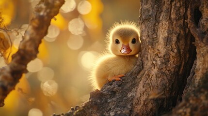 Poster - A fluffy duckling peeks from behind a tree, surrounded by soft, warm bokeh lights.