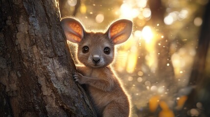 Aufkleber - A cute, furry creature peeks from behind a tree, surrounded by a soft, glowing forest backdrop.